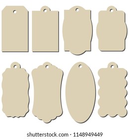 Set of cardboard craft tags of different shapes. Craft labels. Isolated on white background.