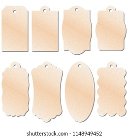 Set of cardboard craft tags of different shapes. Craft labels. Isolated on white background.