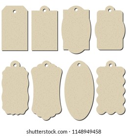 Set of cardboard craft tags of different shapes. Craft labels. Isolated on white background.