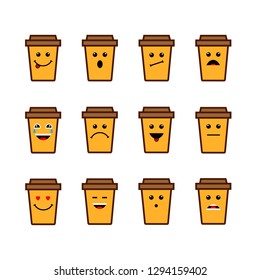 A set of cardboard cups with a plastic lid, a smiley face of love, laughter, sadness, surprise.