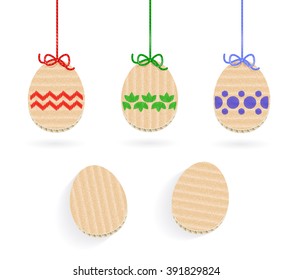 Set of cardboard Easter Eggs with pattern, hanging and laying. Isolated on transparent background. Transparent shadow.