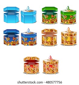 A set of cardboard gift boxes with colored illustrations on the theme of autumn and thanksgiving day. Vector.