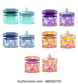 A set of cardboard gift boxes with colored illustrations on the theme of springtime. Vector illustration.