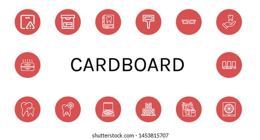 Set of cardboard icons such as Important delivery, Box, Tooth, Label, d glasses, Teeth, Pizza box, Boxes, Wedding gift, Cardboard box, Conveyor , cardboard