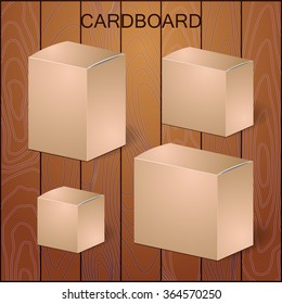 set of cardboard package isolated box on the wood background. mock up, template. stock vector