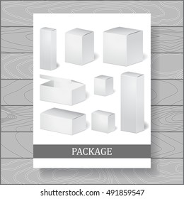 set of cardboard package. isolated box on the wood background. mock up, template. stock vector