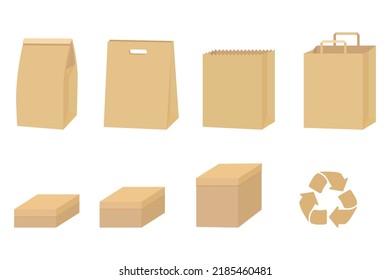 Conjunto de envases de cartón aislados en blanco. Caja de papel reciclada e ilustración del vector de bolsa