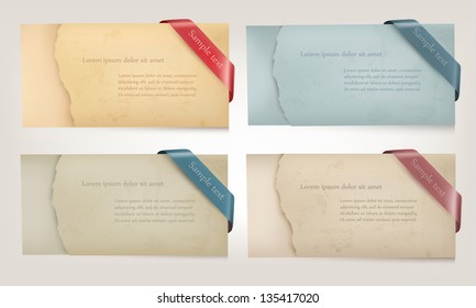 Set of cardboard paper banners with sale ribbons. Vector