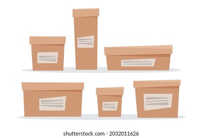 Set of cardboard paper blank boxes. Flat vector illustration.