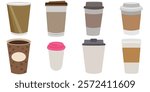 set of cardboard paper cups. Hot coffee and tea takeaway paper cup with lids. Disposable craft brown, white paper coffee and tea cup.