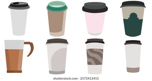 set of cardboard paper cups. Hot coffee and tea takeaway paper cup with lids. Disposable craft brown, white paper coffee and tea cup.