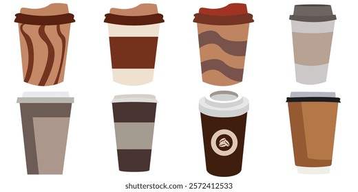 set of cardboard paper cups. Hot coffee and tea takeaway paper cup with lids. Disposable craft brown, white paper coffee and tea cup.