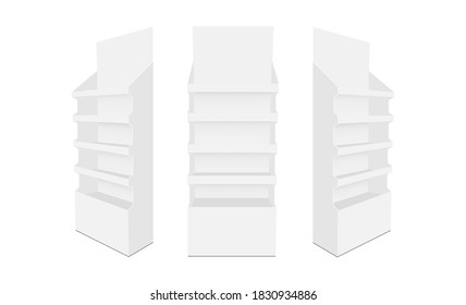 Set Of Cardboard POS Display Mockups, Front And Side View. Vector Illustration