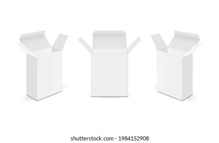 Set of Cardboard Rectangular Boxes Mockups with Opened Lid, Isolated on White Background, Front and Side View. Vector Illustration