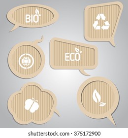 Set of cardboard speech bubbles with eco elements. Eco theme.