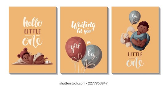 Set of cardds with sleeping newborn kids, toys, balloons. Newborn, Childbirth, Baby care, babyhood, childhood, infancy concept. Vector illustration for postcard, card, cover.