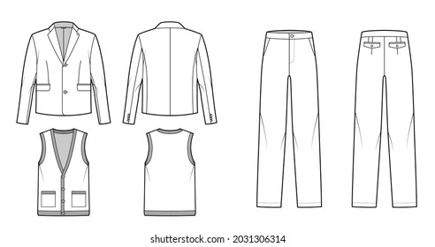 Set of cardigan Suit - classic Pant, jackets, knit vest technical fashion illustration with three - pieces, single breasted. Flat apparel template front, back, white color style. Women, men unisex CAD