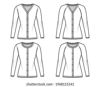 Set of Cardigans Sweater technical fashion illustration with rib crew V- neck, long raglan sleeves, button closure slim fit, knit trim. Flat apparel front, white color. Women, men unisex mockup