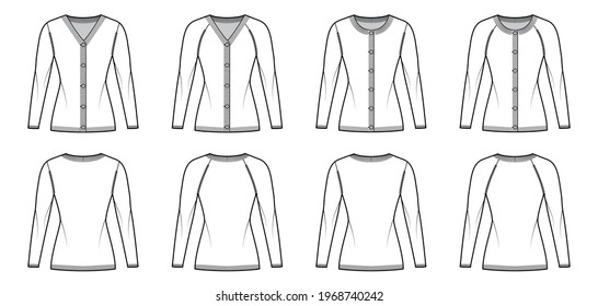 Set of Cardigans Sweater technical fashion illustration with rib crew V- neck, long raglan sleeves, button closure slim fit, knit trim. Flat apparel front, back, white color. Women, men unisex mockup