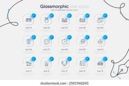 Set of Cardio calendar, Fishfinder and Winner line icons for web app. Honor, Yoga, Sports arena icons. Arena stadium, Diet menu, Laureate medal signs. Winner cup, Change clothes, Approved. Vector