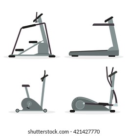 Set of cardio machines - treadmill, elliptical trainer, stepper, exercise bike. Vector.