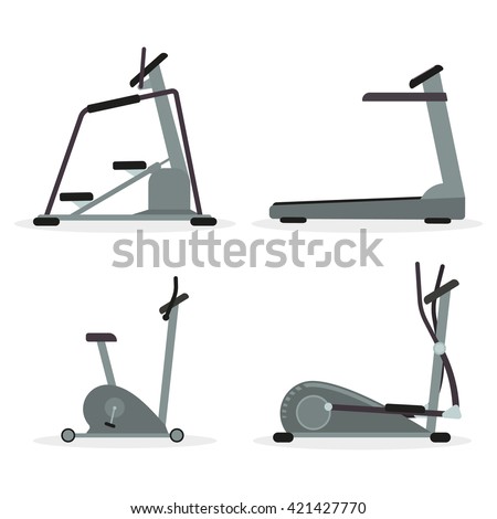 Set of cardio machines - treadmill, elliptical trainer, stepper, exercise bike. Vector.
