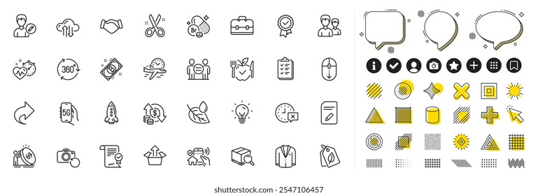 Conjunto de entrenamiento cardiovascular, seguridad de la casa y 360 grados de línea de iconos para App de Web. Elementos de diseño, íconos de redes sociales. Traje, pareja, enviar iconos de caja. Bitcoin, lista de verificación, signos de tiempo. Vector