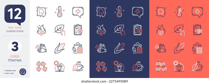 Set of Cardio training, Thermometer and Head line icons. Include Bio shopping, Organic tested, Eye checklist icons. Corn, Dumbbells, Coronavirus protection web elements. Mint tea. Vector