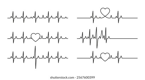 Set of cardiograms. Pulse wave and heartbeat, heartrate. Healthcare and medicine. Monitor signal. Cardiology and medicine. Flat vector collection isolated on white background