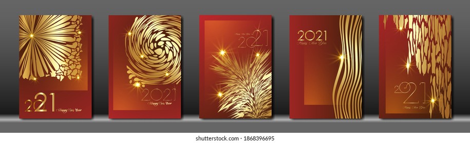 set cards 2021 Happy New Year gold texture, golden luxury orange modern background, elements for calendar and greetings card or Christmas themed winter holiday invitations with fashion decorations