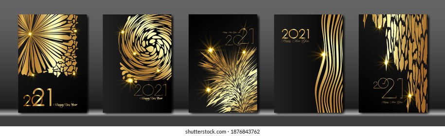 set cards 2021 Happy New Year gold texture, golden luxury black modern background, elements for calendar and greetings card or Christmas themed winter holiday invitations with fashion decorations