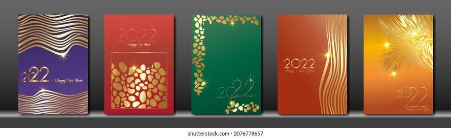 set cards 2022 Happy New Year, Gold Africa animal texture, colorful background, elements for calendar and greetings card or Christmas themed winter holiday invitations with geometric decorations