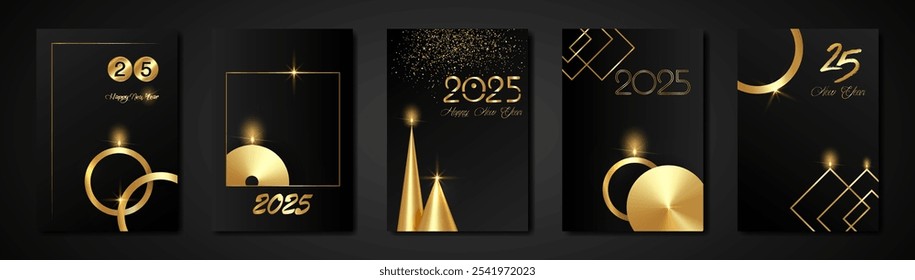 set cards 2025 Happy New Year gold texture, golden luxury black modern background, elements for calendar and greetings card or Christmas themed winter holiday invitations with geometric decorations