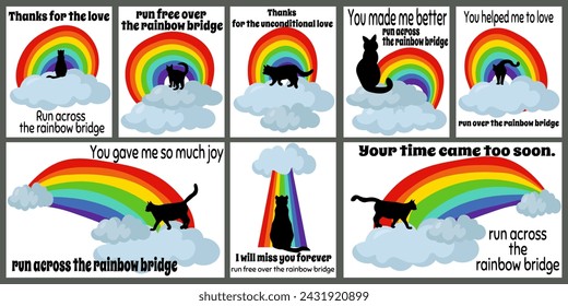 Set of cards about the loss of a pet on the theme of running on the rainbow, various cards about the loss of a cat vector illustration