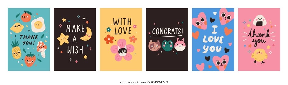 Juego de cartas sobre amor y gratitud. Colección de citas con letras hechas a mano y lindos animales, frutas. Perfecto para publicaciones impresas, publicaciones en medios sociales y afiches.  Todos los elementos están aislados.