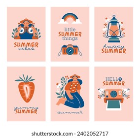 Set of cards about summer adventures. Collection banners with cute vector illustrations of girl with binoculars in hat, camera, polaroid, strawberry, plants, flowers, lantern, rainbow. Funny clip arts