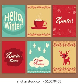 Set of cards about winter. Illustration with cup of tea, snowflakes, angels, deer, embroidery and hand written lettering