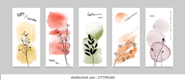 Set of cards Abstract doodle Autumn flowers design combined with stain hand-painted watercolor background. Artistic vector used as decorative design of greeting, invitation, cover, booklet, poster.
