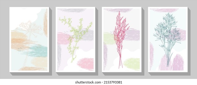 Set of cards Abstract doodle Autumn flowers design combined with stain hand-painted watercolor background. Watercolor vector flower, elegant greenery modern layout, luxury art deco cover.