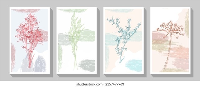 Set of cards Abstract doodle Autumn flowers design combined with stain hand-painted watercolor background. Abstract Plant line art design for print, cover, wallpaper, Minimal and natural wall art.