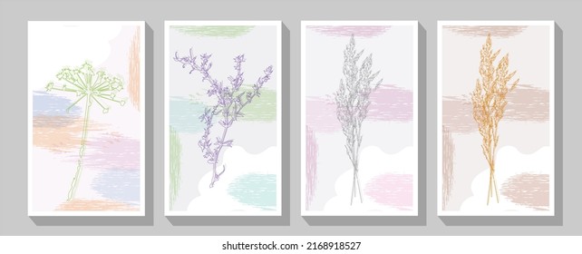 Set of cards Abstract doodle Autumn flowers design combined with stain hand-painted watercolor background. .Artistic vector used as decorative design of greeting, invitation, cover, booklet, poster.