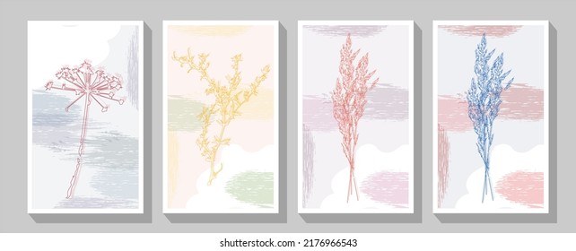 Set of cards Abstract doodle Autumn flowers design combined with stain hand-painted watercolor background. .Artistic vector used as decorative design of greeting, invitation, cover, booklet, poster.