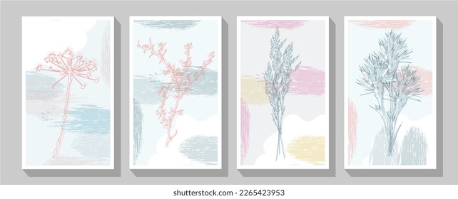 Set of cards Abstract doodle Autumn flowers design combined with stain hand-painted watercolor background. Watercolor vector flower, elegant greenery modern layout, luxury art deco cover.