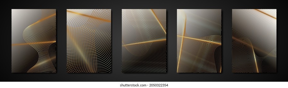 Set cards abstract engraving golden texture. Wavy etching background gradient color. Luxury Invitation or cover design template, wavy gold stripes and copy space. Vector illustration