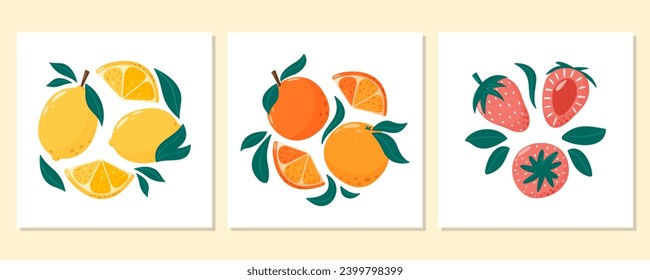 Un conjunto de cartas con una composición de fruta abstracta. Limón, naranja, fresa con hojas. Ilustración cuadrada del vector vitamínico de verano para pancarta, afiche, volante, medios sociales. Caricatura de estilo plano.