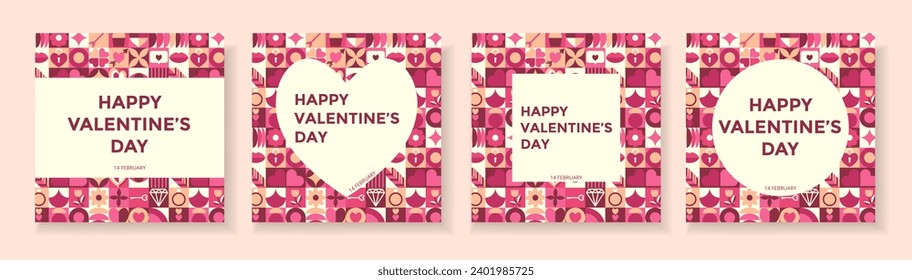 Set cards of abstract geometric shapes and text. Creative concept of Happy Valentines Day. Background of icons with symbol of love. Trendy design for card or poster, advertising, sales, branding.