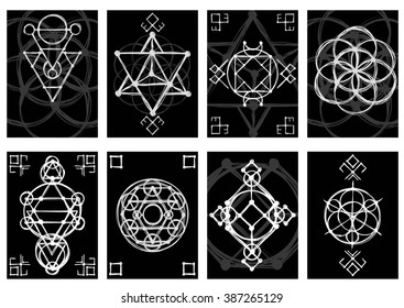 Set of cards with abstract hand sketched sacred geometry drawings. Tribal style. Vector illustration.