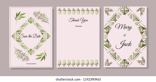 Set of cards with abstract, leaves and herbs. Vector illustration. Decorative invitation to the holiday. Wedding, birthday. Universal card. Template for text. Ornament.