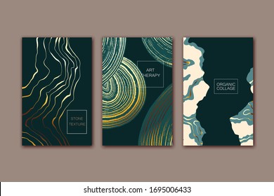 Set  of cards with abstract marble, stone texture. Dark green and golden colors. Organic  natural shapes.  Creative background. Minimal modern design.