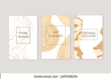 Set  of cards with abstract marble, stone texture in beige, yellow colors. Organic  natural shapes.  Creative background. Minimal modern design.